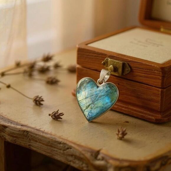 Stunning Large Labradorite Heart Pendant Necklace Womens Statement Piece New - Picture 2 of 8